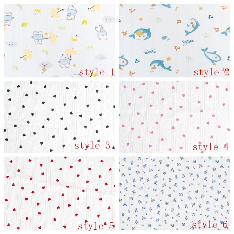 May include: A collection of six fabric swatches featuring various patterns on a white background. Style 1 shows bears with umbrellas, style 2 shows dolphins, style 3 has black hearts, style 4 has pink hearts, style 5 has red hearts, and style 6 has blue flowers.