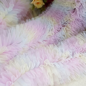 Encaje de tul plisado de gasa suave con ribete de volantes de varias capas en arcoíris para vestido de muñeca, vestido de niña y diseño de vestuario