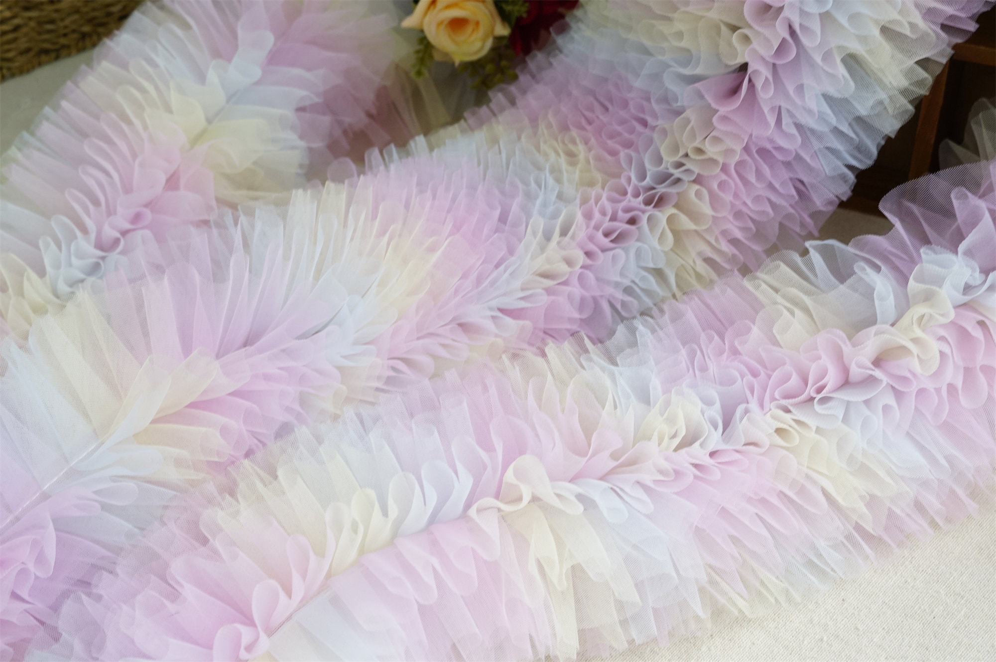 Multi-Layer Ruffle Trim Soft Chiffon Pleated Tulle Lace in Rainbow for Doll Dress, Girl Dress, Costume Design