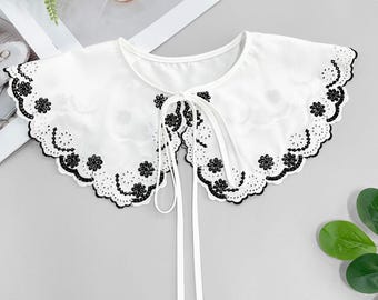 Chic Embroidered Eyelet Flower Lace Collar, Off White and Black Fake Collar Detachable, Skirt and Clothing Accessory