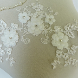 Rhinestone Lace Applique Off white 3D Flower Bridal Lace Appliqué One Pair