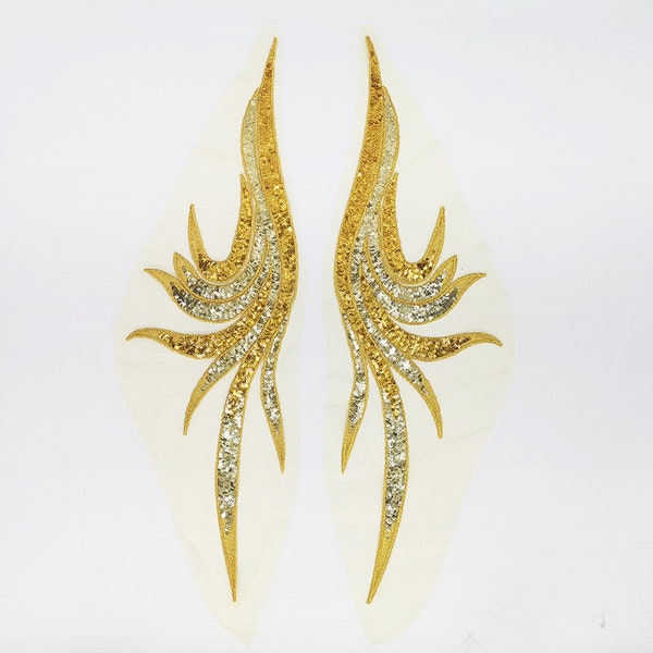 Two-tone Sequined Embroidery Feathers Design Sew on Applique Pair for Wedding Gown, Ballroom Dance, Costumes