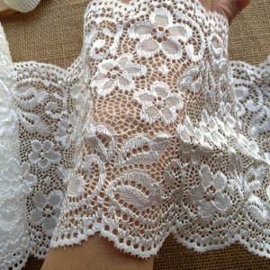 2 Yards White Floral Scalloped Stretch Lace Shiny wide Elastic Lace Trim For Clothing, Boot Cuffs, Lingerie, Headbands