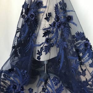 Elegant Beaded Fabric, 3D Flower Lace Fabric in Navy Blue, Pearl Beaded Applique Wedding Gown Lace Fabric