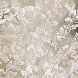 Delicate Leaf Design Embroidery Tulle Fabric with Sheer Sequins in Ivory for Wedding Dress, Bridal Wear, Fairytale Gown