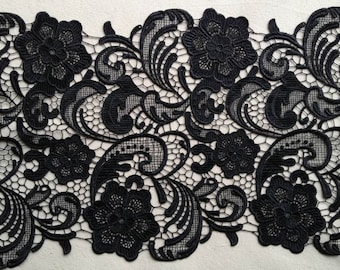 Bordure en dentelle noire au crochet de Venise vintage florales bordure en dentelle évidée pour mariée noire, robe de mariée, création de costumes