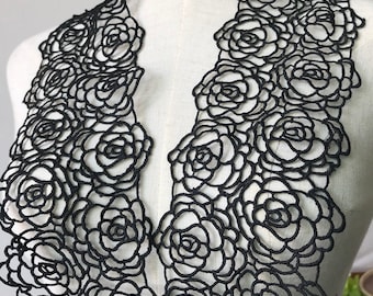 Ribete de encaje veneciano con flores de rosas negras. Encaje para ligas, gargantillas y diademas.