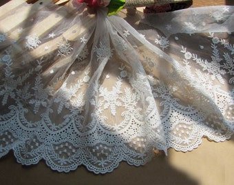 Beige Cotton Lace Trim Embroidered Tulle Lace Wedding Fabric Lace 11.4 inches wide 1 yard