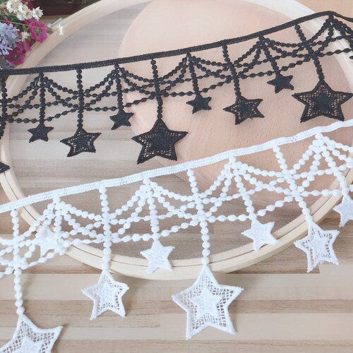 Delicate star lace trim, black white venice lace, stars fringe tassels lace for collar, necklace, earring