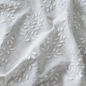 Beautiful 3D Leaves Embroidered on Cotton Base Fabric in Off white for Cloth Tablecloth, Curtains, Costumes