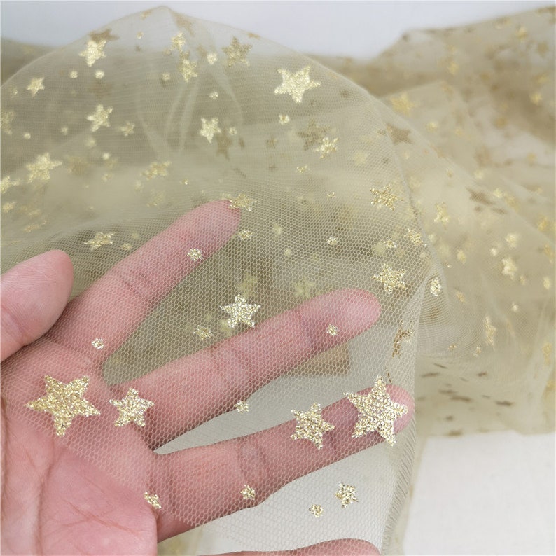 Stars Mesh Fabric, Gold Stars Glitter Print Lace Fabric for Flower Girl Dress, Party Dress, Wedding Decoration image 7