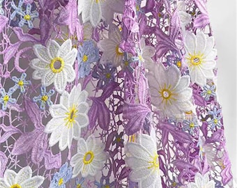 Crochet Style Flowers Fabric Lavender & White Hollow-Out Fabric Heavy Venice Guipure Lace Apparel Fabric