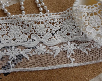 Off White Embroidered Lace, Cotton Floral Trim, Bridal Lace, Wedding Lace Trim