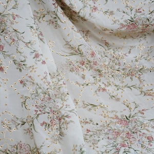 Soft Colorful Floral Leaves Printed Chiffon Fabric with Gold Thread Eyelet Lace Trimming Fabric By the yard