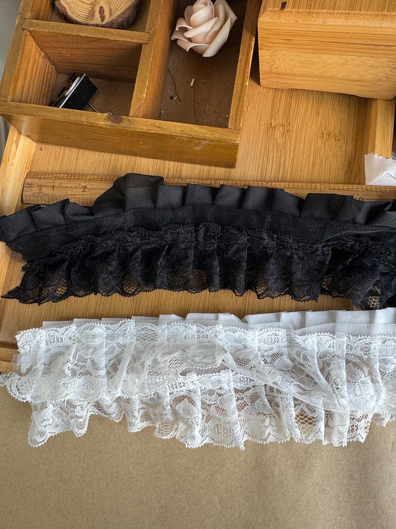 BLACK / OFF WHITE Ruffled Chiffon Lace Trim for Bridal, Baby Dress, Collar Applique, Costume Design image 6