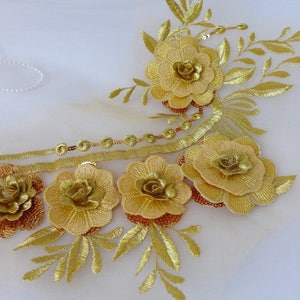 Applique en dentelle, appliqué de Venise doré, superposition de pétales de bordure de fleur, appliqué de fleur 3D doré