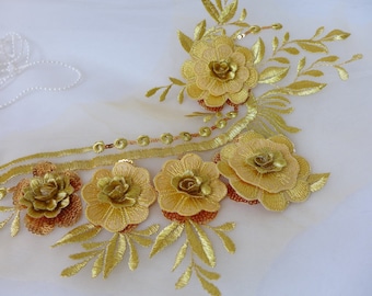 Lace Applique, Gold Venice Applique, Layers Petals Flower Trim Applique, Gold 3D Flower Applique