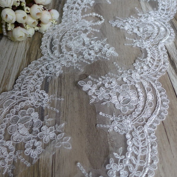 Ivory Lace Scalloped Floral Lace Trim for Weddings, Crown, Veils, Costumes