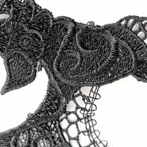 May include: Close-up of black lace trim with detailed floral and scrollwork embroidery. The delicate design features solid and openwork patterns, creating a textured and elegant aesthetic. The trim is set against a white background.