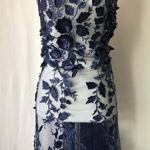 3D Rose Flower Fabric, Navy Blue Lace Fabric, Floral Leaf Lace Fabric ...