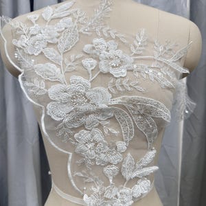 Ivory Beaded Appliqué, Clear Sequined Bridal Lace Applique for Wedding Gown, Lyrical Dance, Flower Girl Dress, Costume Design