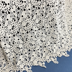 Beige Cotton Fabric, Ecru Hollowed Out Flower Fabric, Cotton Guipure Lace Fabric By the yard