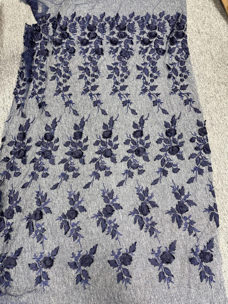 3D Rose Flower Fabric, Navy Blue Lace Fabric, Floral Leaf Lace Fabric ...