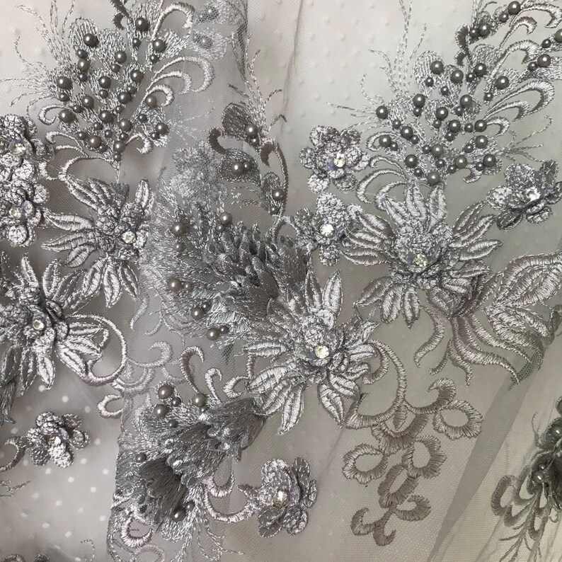 Heavy Beaded Lace Applique Fabrics With Rhinestone in Gray for Etsy