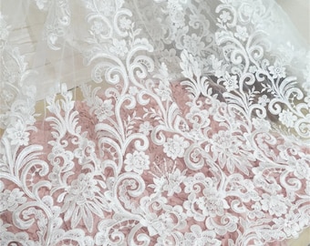 Alencon Wedding Lace Fabric, Ivory Floral Embroidery Scalloped Mesh Fabric, 53" Wide Fabric By the yard