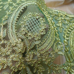 Green Mesh Lace Gold Embroidered Lace Trim for Appliqué, Sewing, Garments image 3