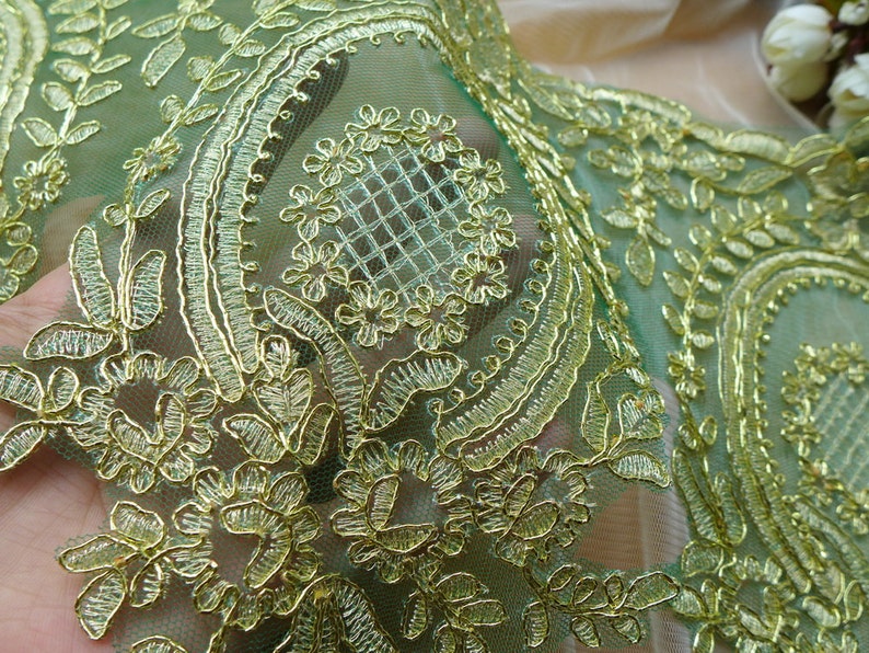 Green Mesh Lace Gold Embroidered Lace Trim for Appliqué, Sewing, Garments image 3