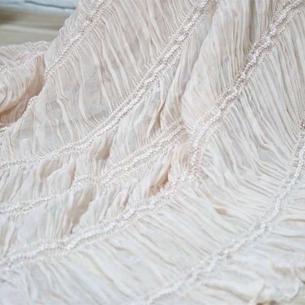 Soft Ruched Fabric Cream Sequins Embroidered Elastic Chiffon Fabric for Girl Skirt Lace Tops Costume Design