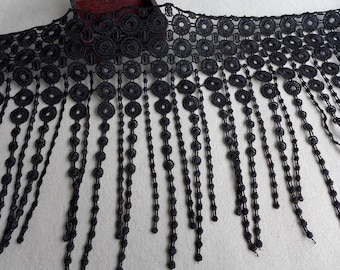 Elegant Venise Circle Lace Black Dots Dangle Fringe Lace Trim for Bridal, Flappers, Lace Scarf