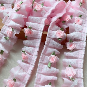 Pink Ruffle Lace, Pleated Trim Lace, Pink Rose Flower Lace for Doll Dress, Bloomers, Flower Headband
