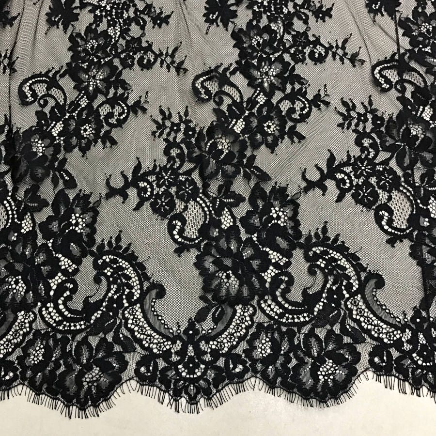 French Chantilly Fabric Black Eyelash Lace Beautiful Blossom | Etsy