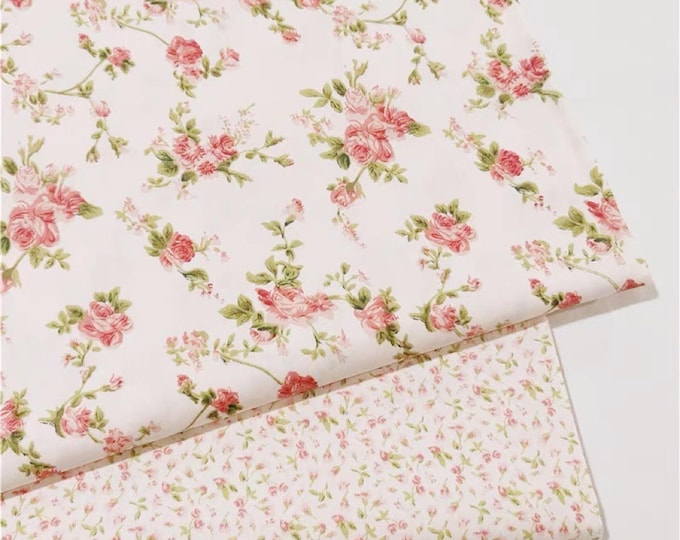 Shabby Chic Pink Rose Floral Cotton Fabric on White Cotton Pink Flower ...