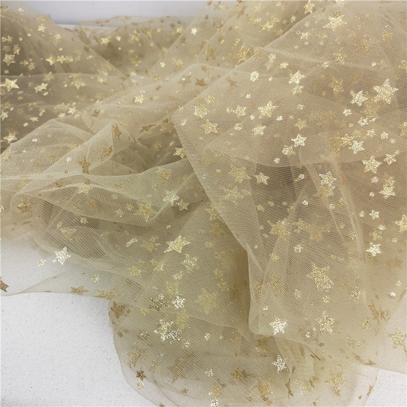 Stars Mesh Fabric, Gold Stars Glitter Print Lace Fabric for Flower Girl Dress, Party Dress, Wedding Decoration image 8