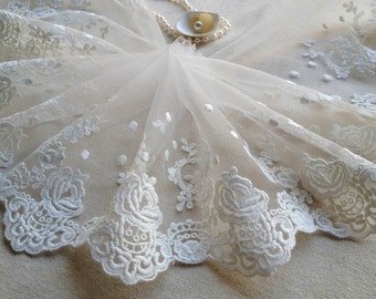 Off white Tulle Fabric Embroidery Flowers Lace Trim For Wedding Dress, Bridal Veils, Costume design