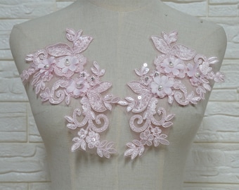 Beaded 3D Pink Flower Alencon Embroidery Applique for Lyrical Dance, Hair Accessories, Costumes