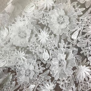 Organza Lace Fabric, 3D Flowers Applique Fabric Trim, Off white Floral Organza Fabric By the yard
