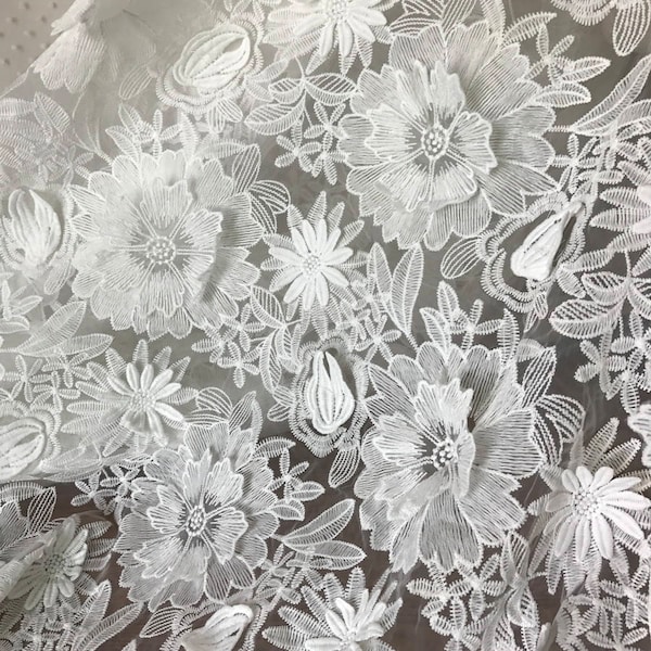 Tissu organza dentelle, bordure en tissu appliqué à fleurs 3D, tissu organza floral blanc cassé par mètre