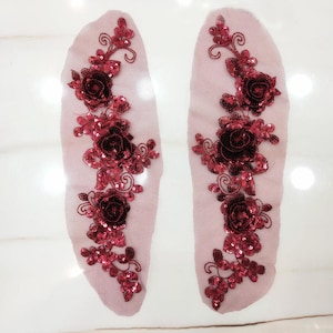 Burgundy Applique, Burgundy 3D Flower Lace Appliqués Pair for Lyrical Dance, Ballet, Couture Gowns