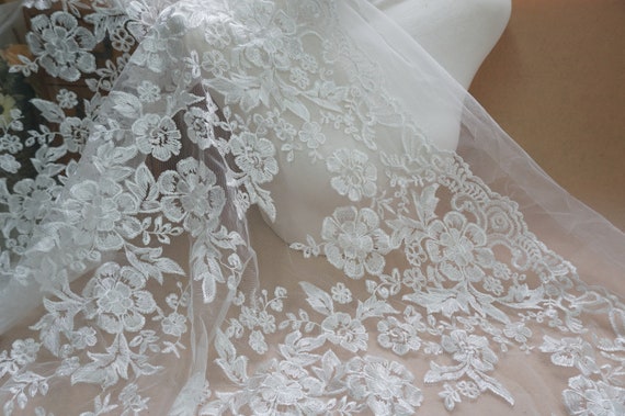 Delicate Ivory Corded Lace Fabric , Floral White Embroidered Tulle Fabric  For Wedding Dress