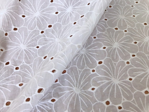 Cotton Eyelet Fabric, Delicate Flower Fabric by the Yard, off