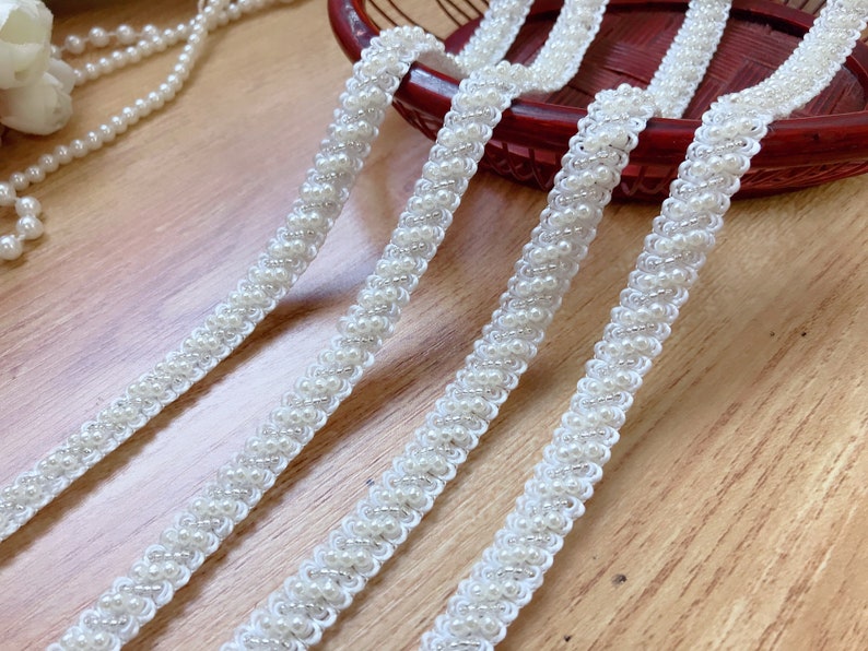 Beaded Trim Ivory Pearl and Silver Beads Lace Trim For Bridal, Headbands, Jewelry, Costumes, Crafts image 1