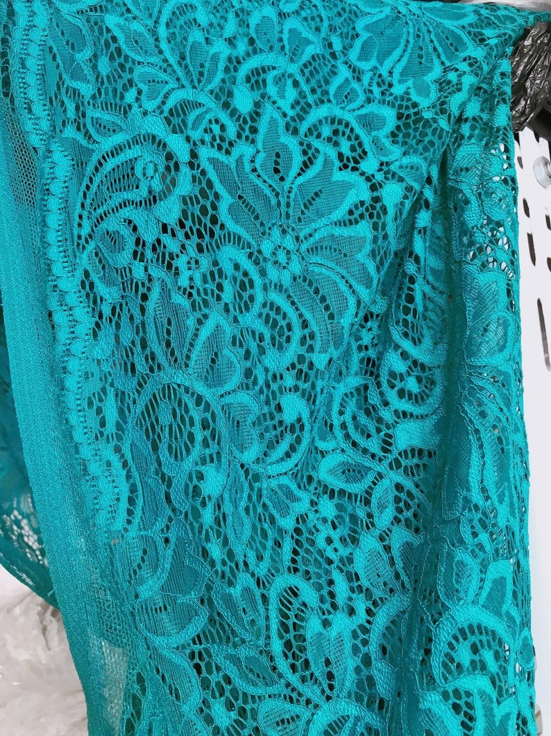 Green Stretch Fabric, 59" wide Elastic Lace Fabric, Evening Dress Lace Fabric #5 Blue-green
