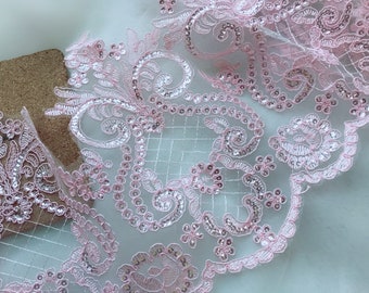 Pink lace trim, Retro scalloped sequins lace, alencon corded lace by the yard