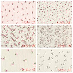May include: A collection of six fabric swatches featuring various patterns. Style 37 shows pink roses on light pink, 38 has pink roses on white, 39 displays pink floral clusters, 40 features brown foliage, 41 has small pink flowers, and 42 shows grey hearts.