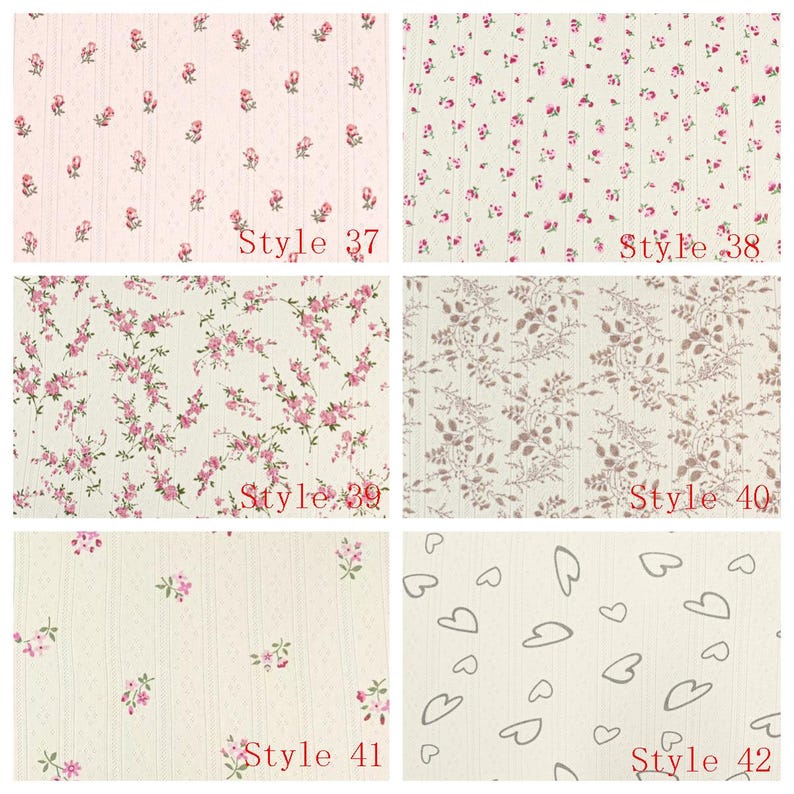 May include: A collection of six fabric swatches featuring various patterns. Style 37 shows pink roses on light pink, 38 has pink roses on white, 39 displays pink floral clusters, 40 features brown foliage, 41 has small pink flowers, and 42 shows grey hearts.