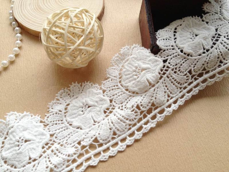 Off White Bridal Lace Fabric Cotton Lace Flower Applique Trim 2.75 inch Wide By The Yard image 3